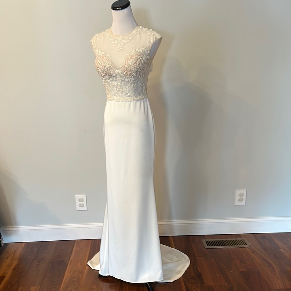 Angela & Alison White Sleeveless Mock Neck Gown